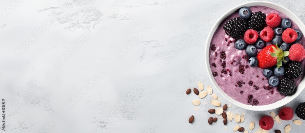 Aufkleber a healthy dessert of mashed berries banana and natural yogurt in a white bowl adorned with frozen bl