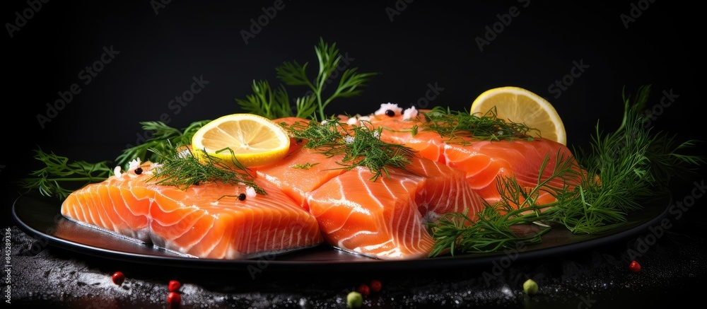 Aufkleber a stunning copy space image of salmon slices on a dark backdrop adorned with lemon slices peppercorn
