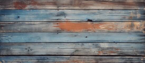 Fototapeta premium A vintage wooden background with visible knots nail holes and an old paint job The front view of a wooden wall offers ample copy space for adding text or images