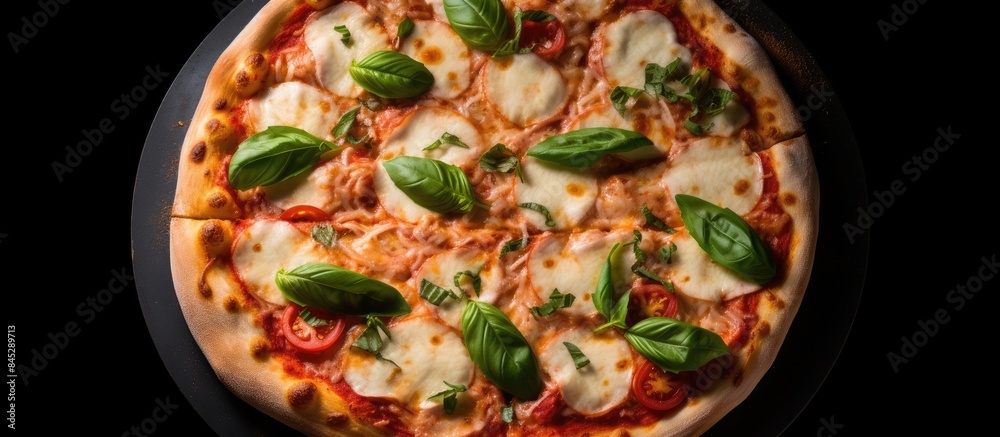 Poster top view of a mouthwatering italian margherita pizza with mozzarella cheese tomato sauce and fresh b