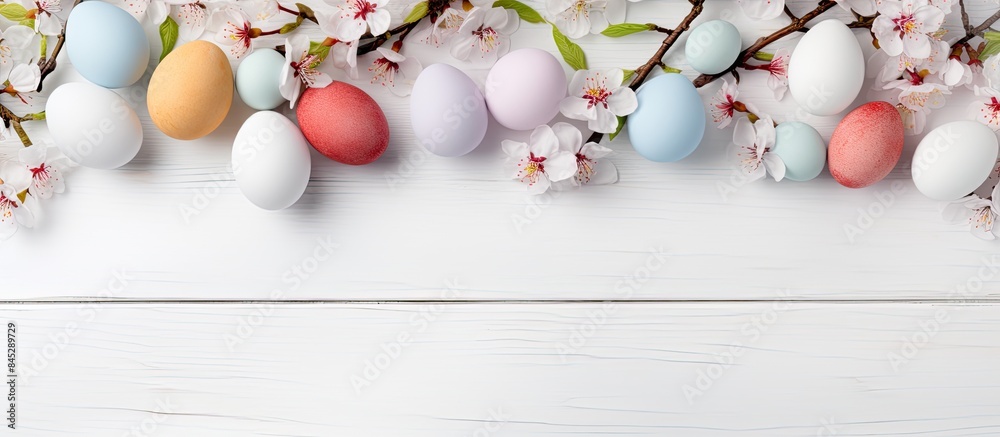 Aufkleber Top view of pastel colored Easter eggs and spring blooming branches on a white wooden background providing ample copy space for additional elements in the image