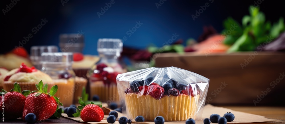 Poster preparing a package of muffins infused with the flavors of strawberries and blueberries the muffins 