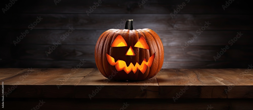 Aufkleber a halloween celebration with a pumpkin adorned with a carved face placed on a wooden table against a