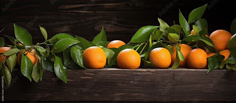 Poster On the table there is a wooden box containing fresh mandarin oranges or tangerines with leaves creating a visually appealing copy space image