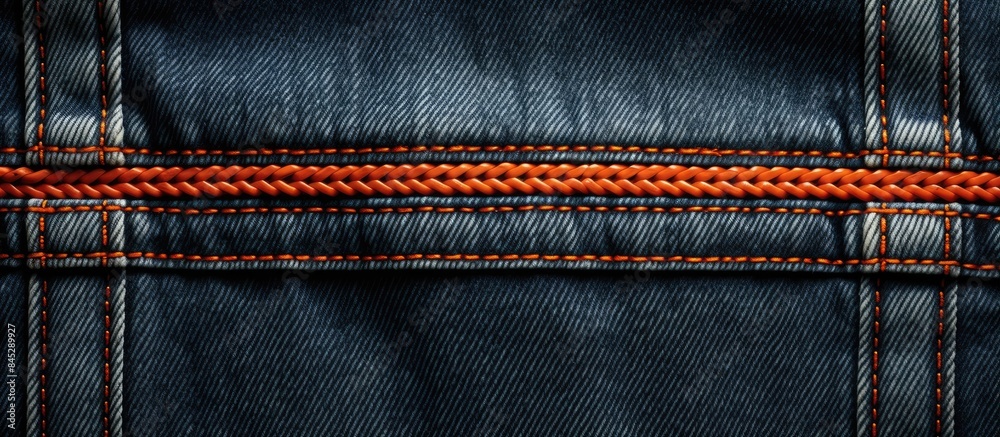 Aufkleber Close up isolated shot of a denim frame featuring a vibrant orange double seam The denim jean straps add an extra touch to this copy space image