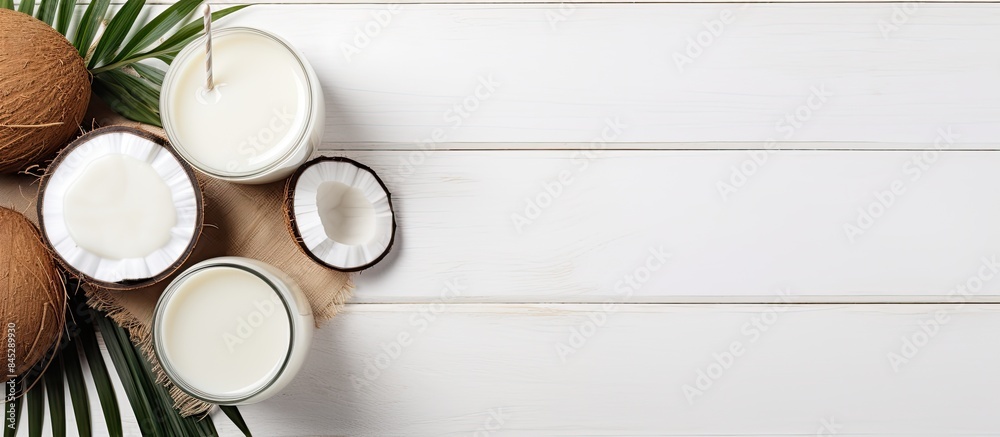 Poster flat lay copy space image of coconut products on a white wooden table background including a dairy f