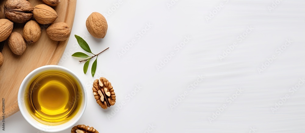 Poster a top down view of a jar of walnut oil placed near a bowl of walnuts on a white background offering 