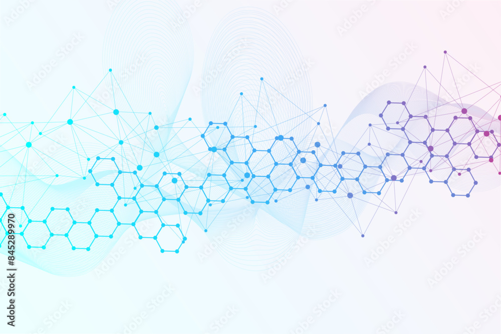 Wall mural modern scientific background with hexagons, lines and dots. wave flow abstract background. molecular