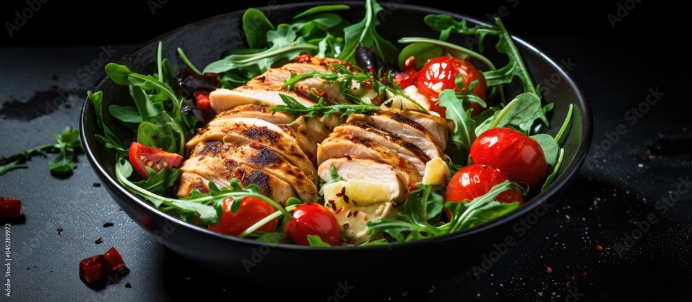 Aufkleber A salad consisting of grilled chicken breast tomato spinach asberg radichio and arugula is presented on a stone background creating a visually appealing copy space image