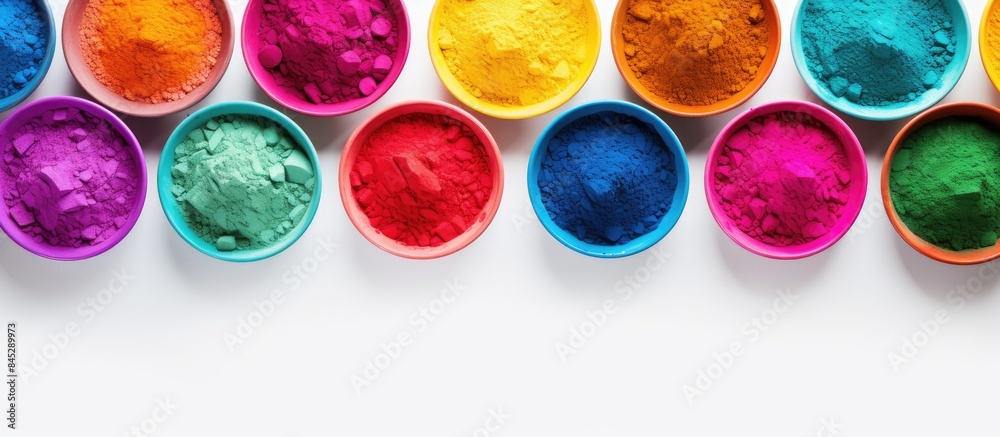 Poster Flat lay copy space image of bowls filled with vibrant colorful powders on a light background creating a festive atmosphere for the celebration of the Holi festival