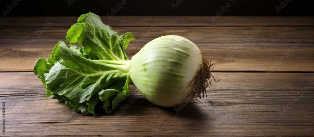 Aufkleber a top view photograph of a vibrant ripe green kohlrabi rests on a wooden table or background the ima