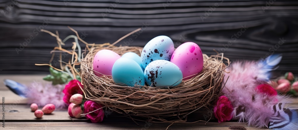 Aufkleber decorated easter eggs with feathers nest on old wooden table with copy space image perfect for sprin
