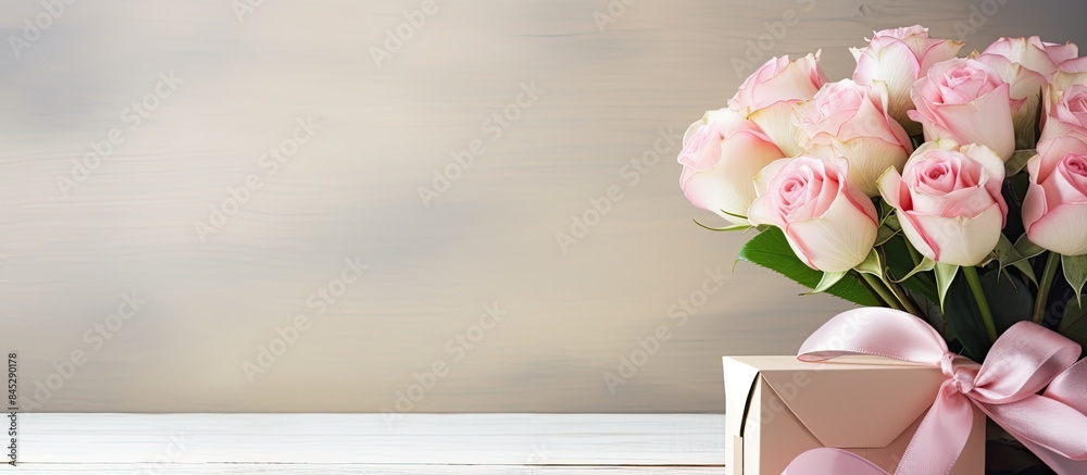 Poster a mother s day scene featuring a bouquet of pink roses alongside a gift box and lipstick with a blan