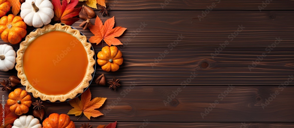 Poster a traditional pumpkin pie is placed on a table surrounded by pumpkins and leaves the photograph is t