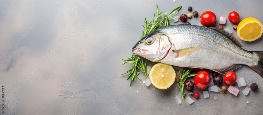 Poster a top view of a fresh raw dorado or sea bream fish on a light grey slate or stone background it is a