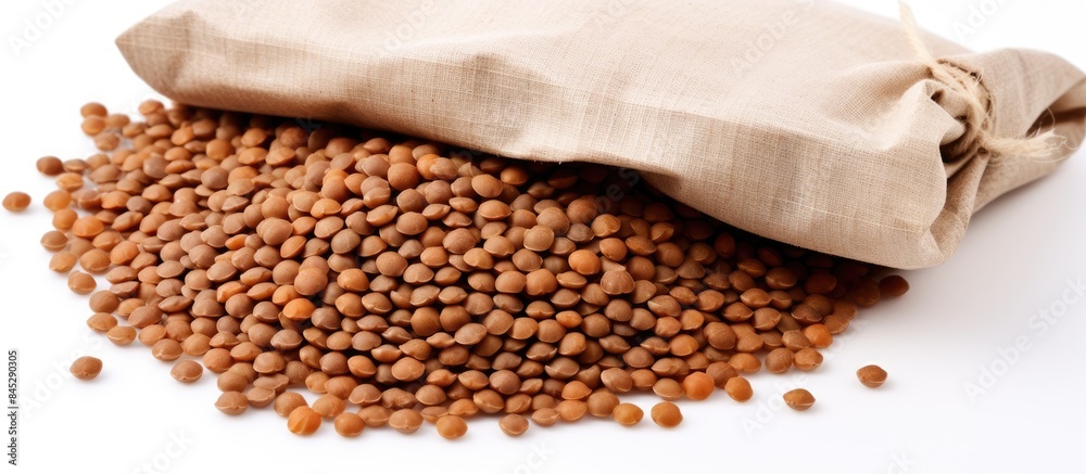 Poster a copy space image of dry uncooked lentils in a white paper bag isolated on a white background captu