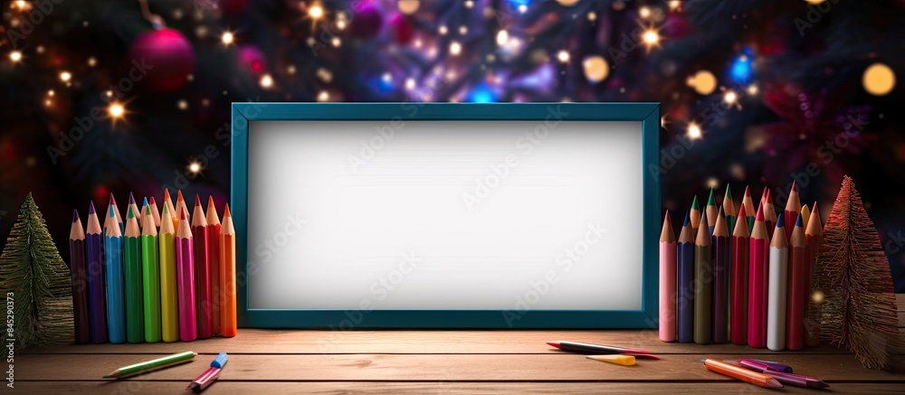 Aufkleber A festive Christmas scene is captured in a photo frame placed on a wooden table surrounded by tree branches and colorful scattered pencils creating a captivating composition with copy space image
