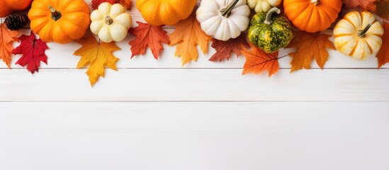 A copy space image depicting the autumn season with pumpkins dried leaves and a white wooden background The flat lay and top view enhance the Halloween concept