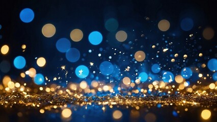 Blue and yellow folden festive glitter lights background with bokeh blur effect. Vibrant decorative holiday shiny wallpaper mockup.