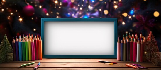 A festive Christmas scene is captured in a photo frame placed on a wooden table surrounded by tree branches and colorful scattered pencils creating a captivating composition with copy space image
