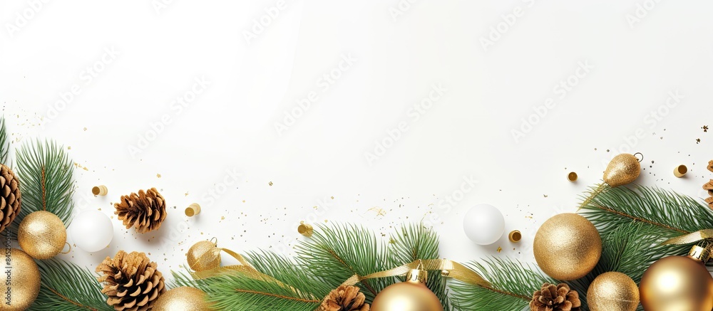 Poster Flat lay Christmas concept with golden and beige decorations on a white background complemented by lush green pine branches creating a copy space image