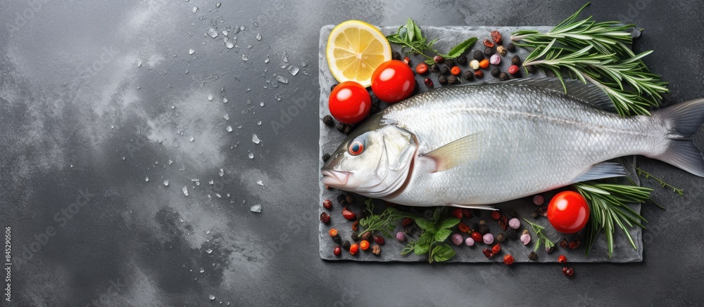 Poster a top view of a fresh raw dorado or sea bream fish on a light grey slate or stone background it is a