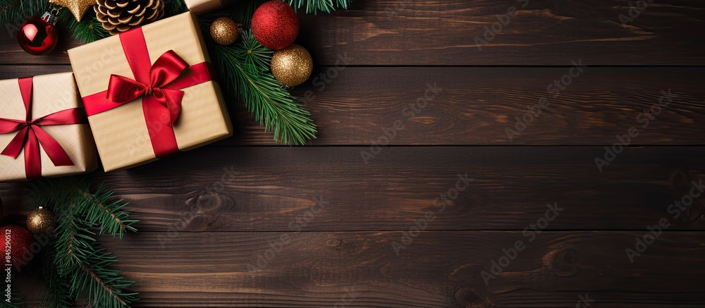Poster a festive christmas themed image featuring colorful gift boxes spruce branches and a wooden backgrou