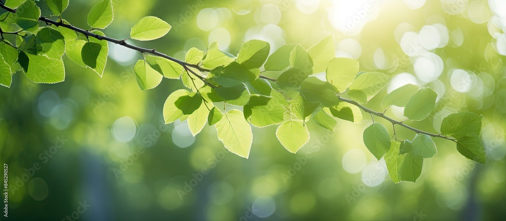 Poster Close up of birch branches with luscious green foliage creating a stunning background of blurred bokeh sun glare and ample copy space for text