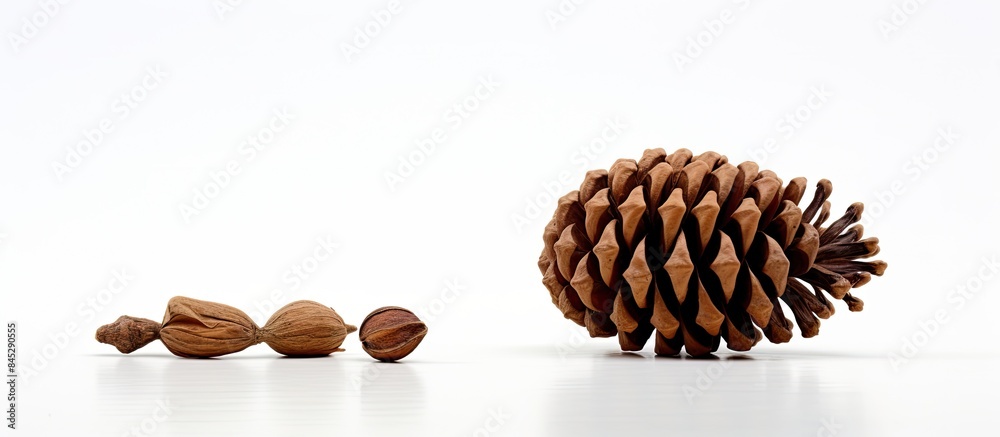 Poster a solitary brown fir cone with no other objects around set against a plain white background creating