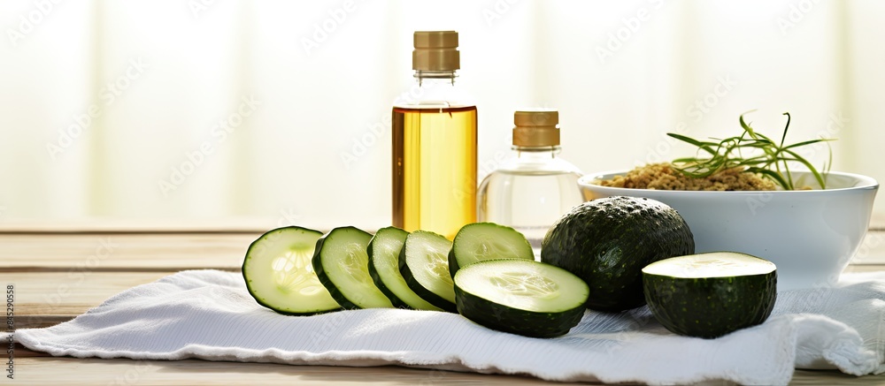 Poster a close up copy space image of a cucumber home spa and hair care concept featuring sliced cucumber o