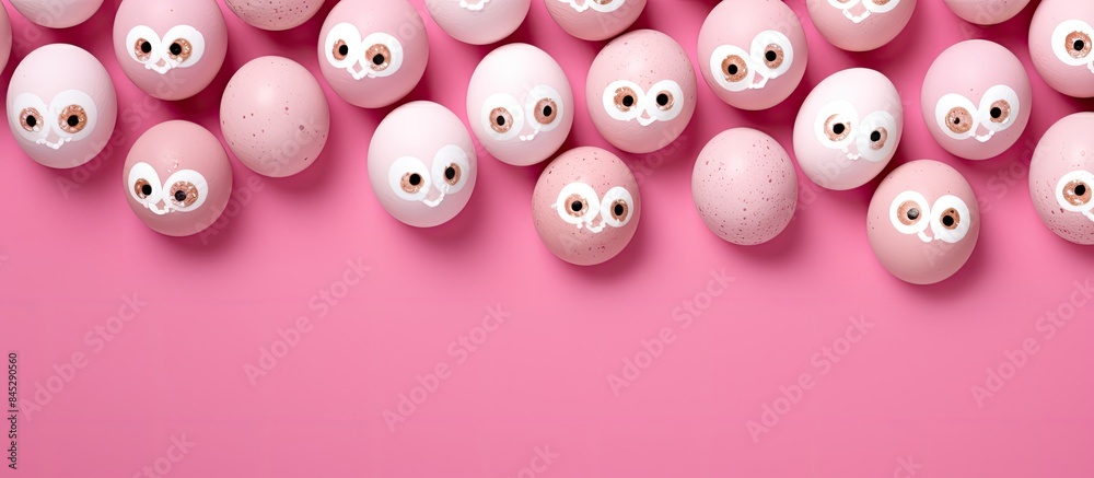 Poster Top view of a pink background with an arrangement of white eggs featuring painted eyes creating a festive Easter pattern Ample copy space is available