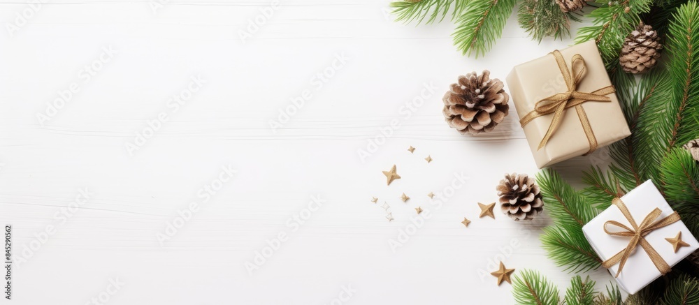 Aufkleber a top down view of beautifully decorated christmas presents on a white wooden background adorned wit