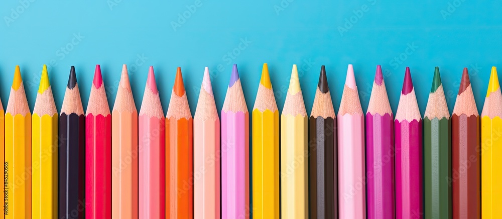 Poster a close up image of colorful pencils arranged on a pink background representing the back to school c