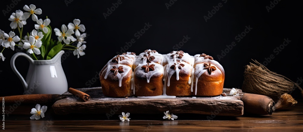 Fototapete a kraffin an easter cake is placed on a wooden table with a dark background creating a lovely displa