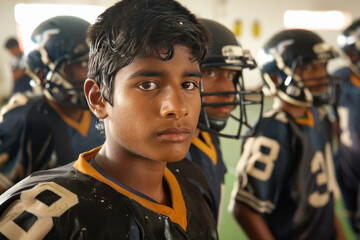High school Indian teenage boys on a football team getting ready for a game in the locker room