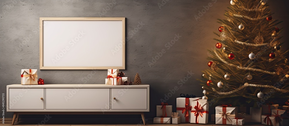 Aufkleber a copy space image of a blank frame is displayed on top of a chest of drawers surrounded by gifts ne