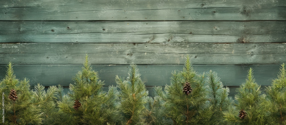 Poster a spring themed christmas backdrop with fluffy evergreen twigs where light green spruce sprigs are s