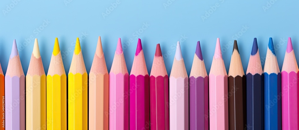 Poster a close up image of colorful pencils arranged on a pink background representing the back to school c
