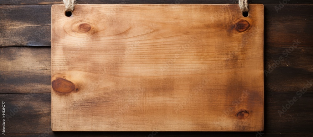 Aufkleber A wooden chopping board with an apron is seen from a top view on a wooden table The board is empty and has a handle and a hole for hanging There is copy space available in the image