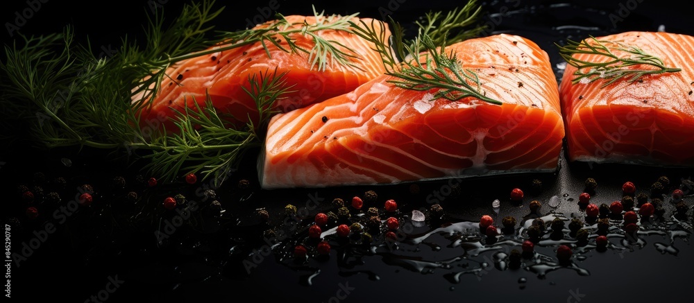 Poster A stunning copy space image of salmon slices on a dark backdrop adorned with lemon slices peppercorns and dill sprigs allowing room for adding text
