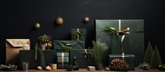 New Year and Christmas gift packaging made of eco friendly kraft paper featuring a natural and stylish green and black design Perfect for adding a festive touch to your holiday decor Copy space image