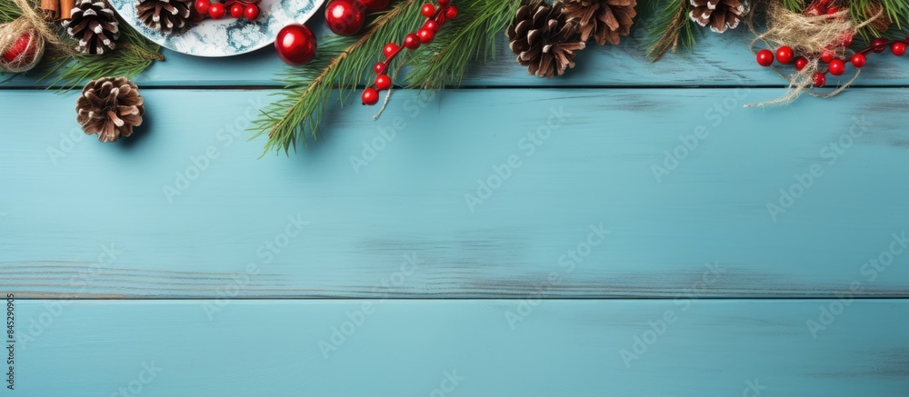 Poster a festive christmas table with a menu arrangement adorned with pine tree branches and spices the tab