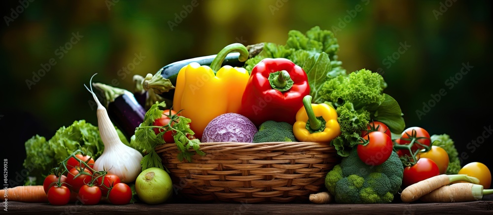 Poster above view of a bountiful basket overflowing with various fresh vegetables emphasizing a vegetarian 