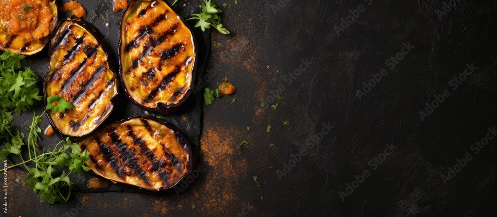 Poster a top down view of grilled eggplant aubergine with sauce presented on a dark stone background that p
