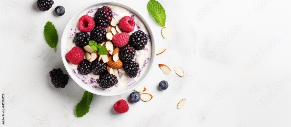 Aufkleber a healthy dessert of mashed berries banana and natural yogurt in a white bowl adorned with frozen bl