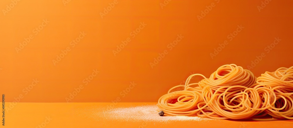 Poster there is a copy space image of spaghetti pasta on an orange background perfect for adding culinary r
