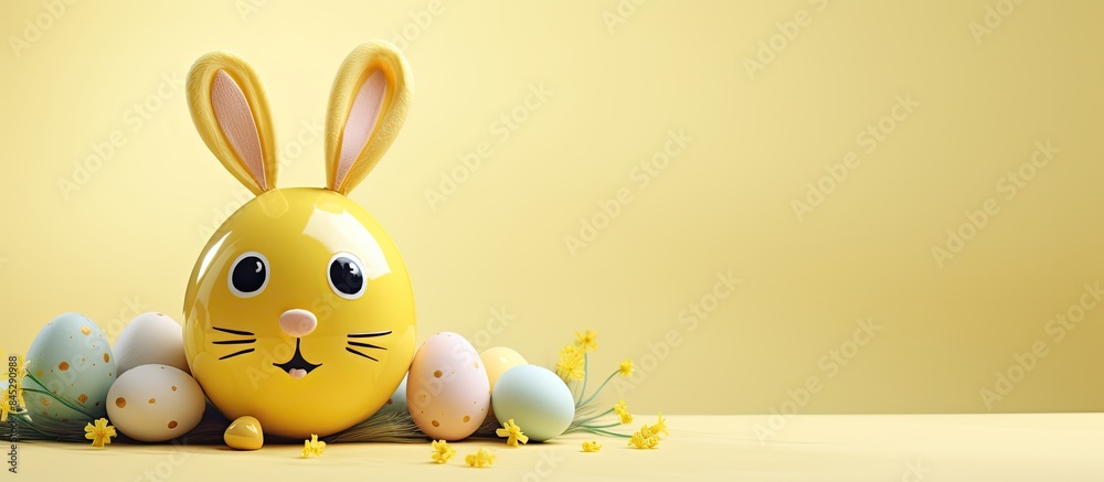 Poster a cute and creative easter background with a yellow color scheme showcasing adorable easter egg deco