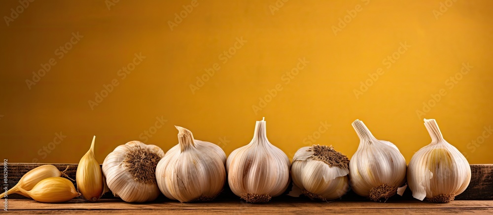 Aufkleber A close up of garlic on a wooden board with garlic heads neatly arranged on a vintage yellow table There is ample copy space next to the spices for adding text