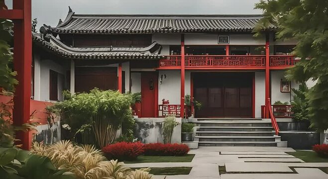 The outside of a Chinese house is calm and serene in slow motion