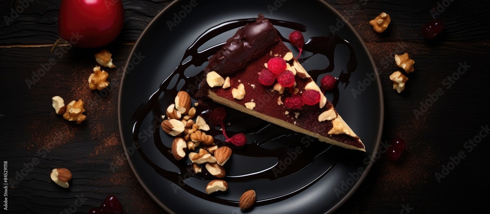 Poster a traditional dessert featuring a rich chocolate cake topped with pears stewed in red wine hazelnuts